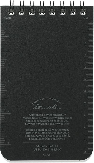 Am image of a Custom 3” x 5” Rite in the Rain Top Spiral Notebook in Black!