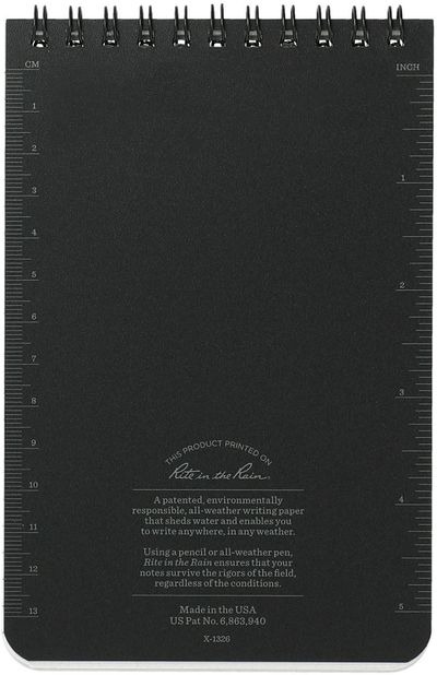 Am image of a Custom 4” x 6” Rite in the Rain Top Spiral Notebook in Black!