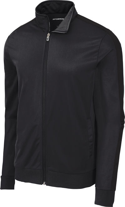 Am image of a Custom SportTek Tricot Track Jacket in Black/Black!