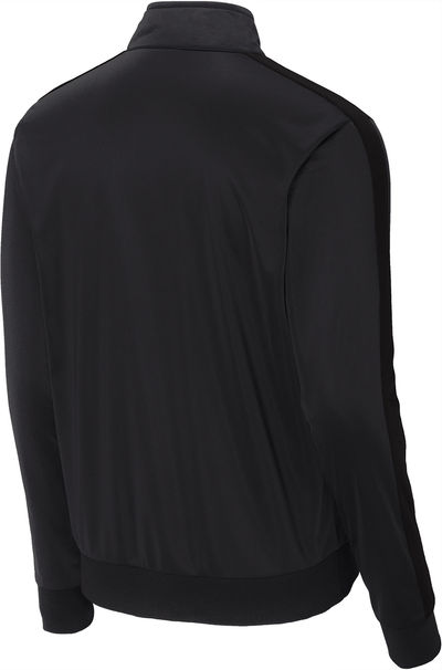Am image of a Custom SportTek Tricot Track Jacket in Black/Black!