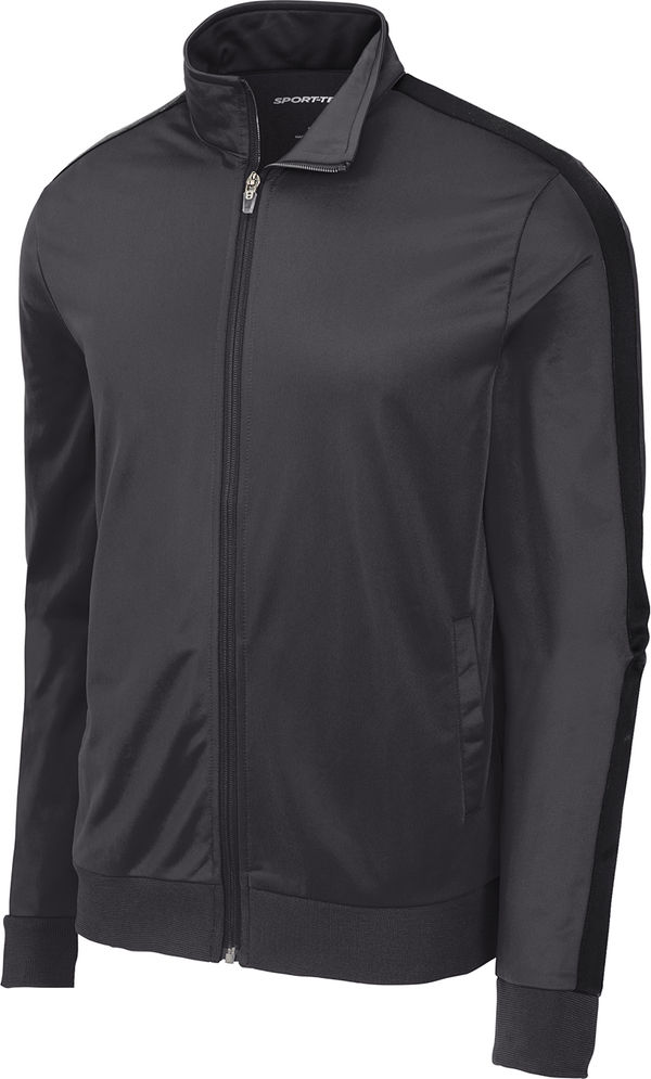 Am image of a Custom SportTek Tricot Track Jacket in Graphite Grey/Black!