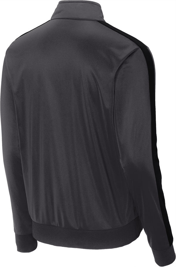 Am image of a Custom SportTek Tricot Track Jacket in Graphite Grey/Black!