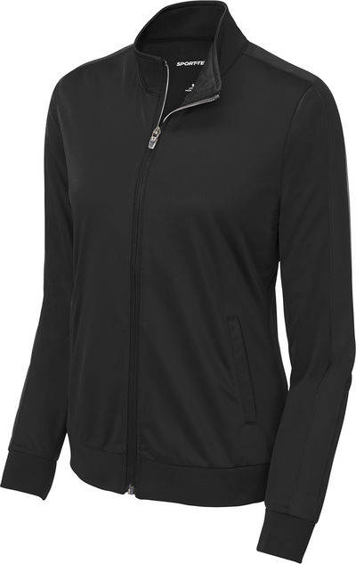 Am image of a Custom SportTek Ladies Tricot Track Jacket in Black/Black!