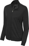 Am image of a Custom SportTek Ladies Tricot Track Jacket in Black/Black!