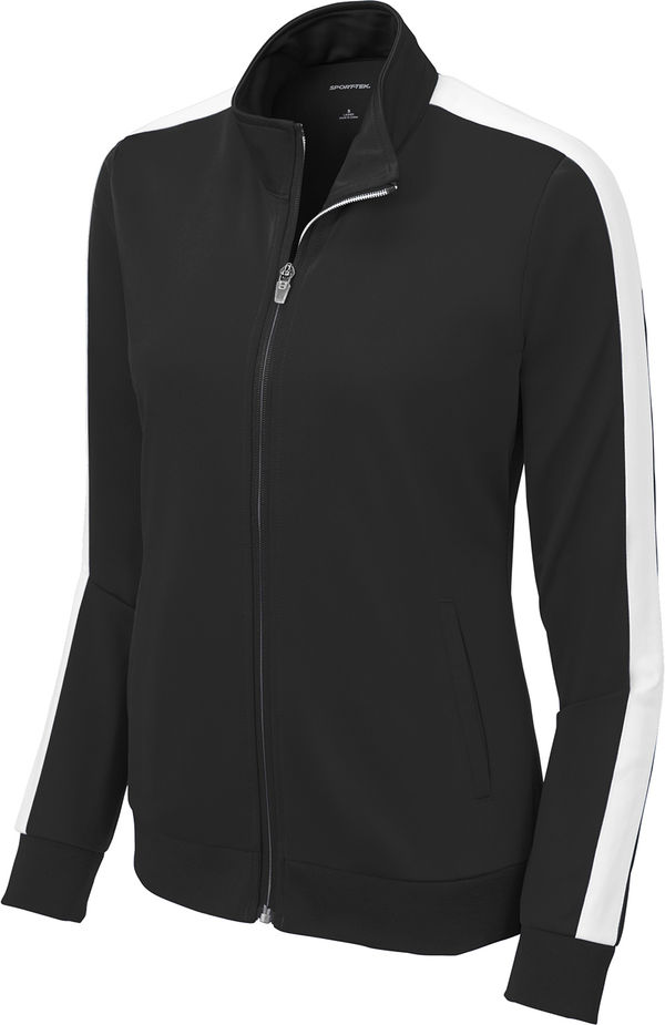 Am image of a Custom SportTek Ladies Tricot Track Jacket in Black/White!