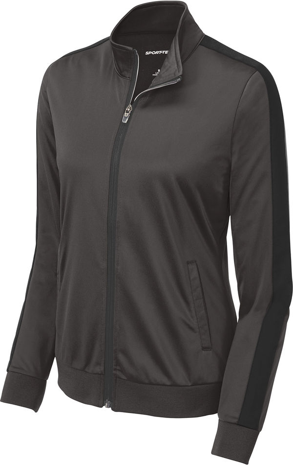 Am image of a Custom SportTek Ladies Tricot Track Jacket in Graphite Grey/Black!