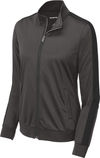Am image of a Custom SportTek Ladies Tricot Track Jacket in Graphite Grey/Black!