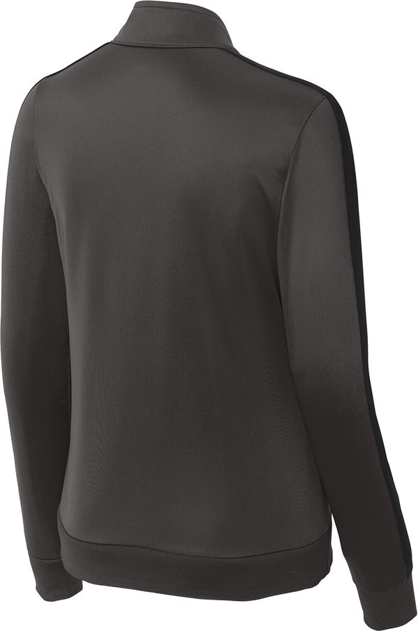 Am image of a Custom SportTek Ladies Tricot Track Jacket in Graphite Grey/Black!