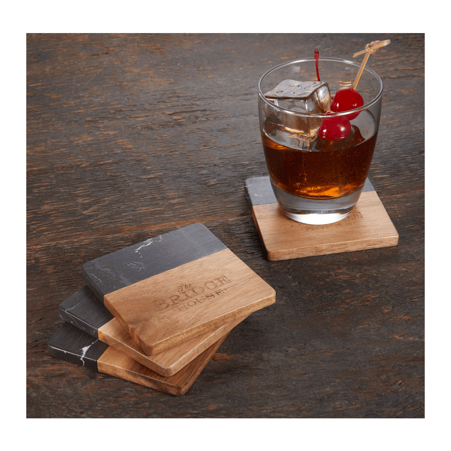 Black Marble and Wood Coaster Set