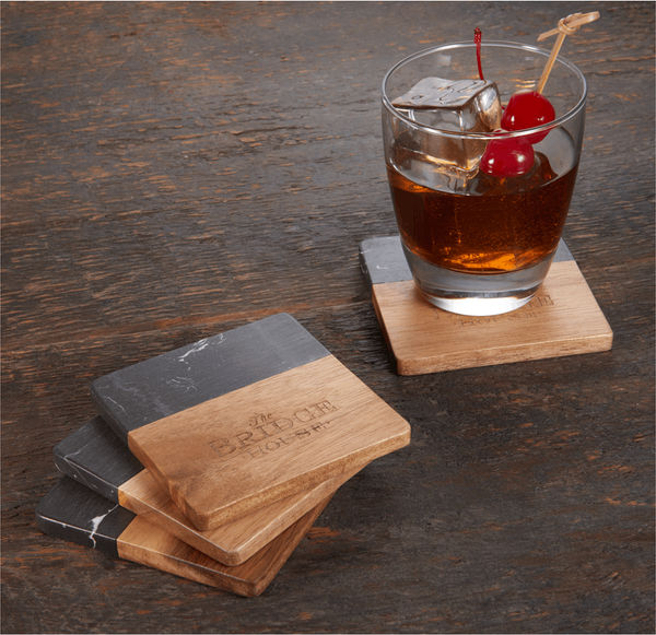 An image of a Custom Black Marble and Wood Coaster Set!