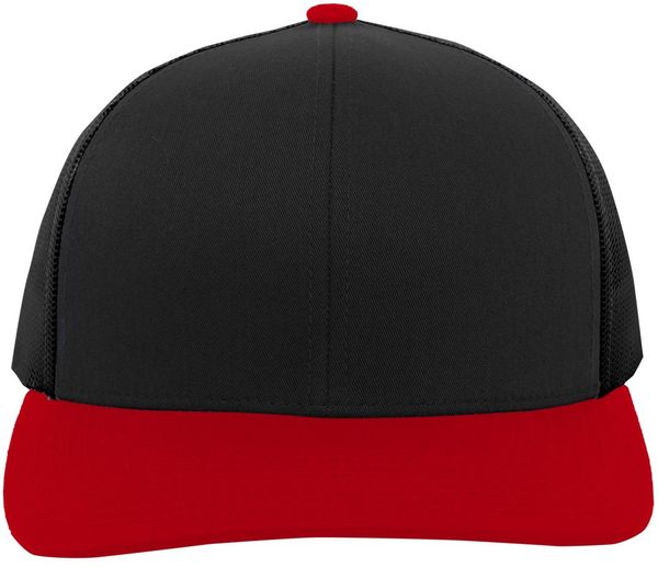 Am image of a Custom Pacific Headwear Trucker Snapback Hat in BLACK/ RED/ BLK!
