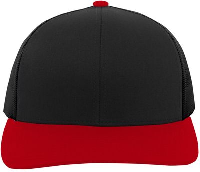 Am image of a Custom Pacific Headwear Trucker Snapback Hat in BLACK/ RED/ BLK!