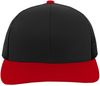 Am image of a Custom Pacific Headwear Trucker Snapback Hat in BLACK/ RED/ BLK!