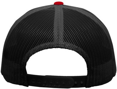 Am image of a Custom Pacific Headwear Trucker Snapback Hat in BLACK/ RED/ BLK!
