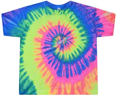 Am image of a Custom TieDye Ladies Cropped TShirt in NEON RAINBOW!