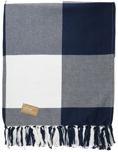 Am image of a Custom Field & Co. 100 Percent Organic Cotton Check Throw Blanket in Navy!