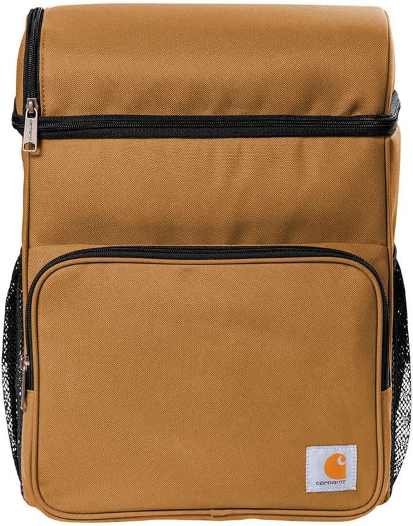 Am image of a Custom Carhartt Backpack 20 Can Cooler in Carhartt Brown!