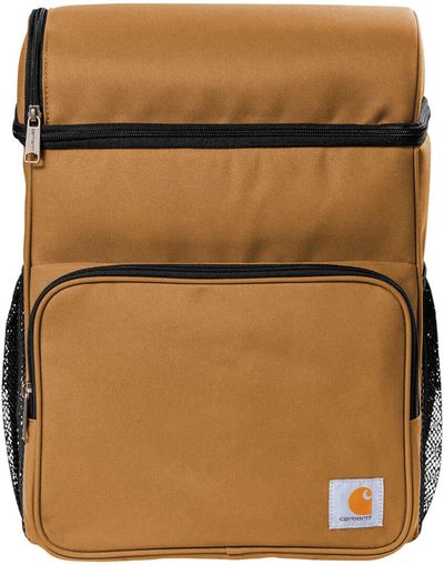Am image of a Custom Carhartt Backpack 20 Can Cooler in Carhartt Brown!