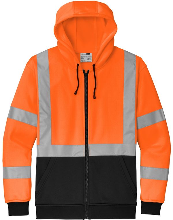 Am image of a Custom CornerStone ANSI 107 Class 3 Heavy Duty Fleece Full Zip Hoodie in Safety Orange!