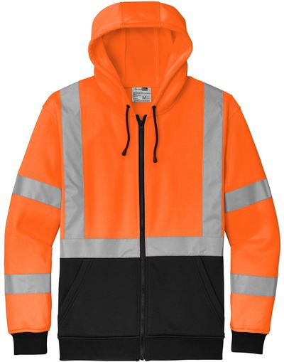 Am image of a Custom CornerStone ANSI 107 Class 3 Heavy Duty Fleece Full Zip Hoodie in Safety Orange!