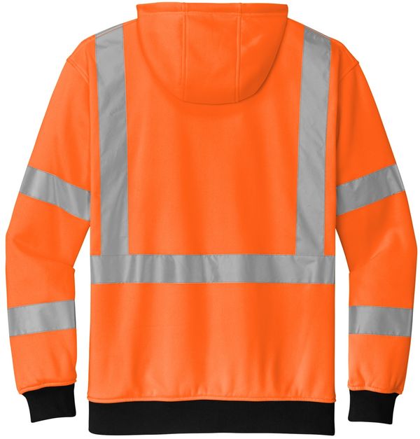 Am image of a Custom CornerStone ANSI 107 Class 3 Heavy Duty Fleece Full Zip Hoodie in Safety Orange!
