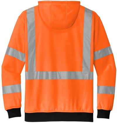 Am image of a Custom CornerStone ANSI 107 Class 3 Heavy Duty Fleece Full Zip Hoodie in Safety Orange!