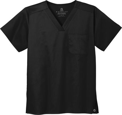 Am image of a Custom WonderWink Unisex WorkFlex Chest Pocket V Neck Top in Black!