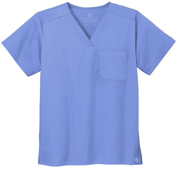 Am image of a Custom WonderWink Unisex WorkFlex Chest Pocket V Neck Top in Ceil Blue!