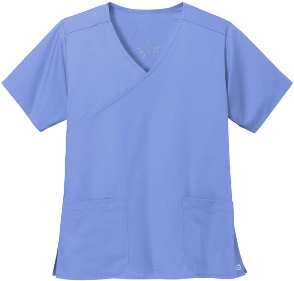 Am image of a Custom WonderWink Womens WorkFlex Mock Wrap Top in Ceil Blue!
