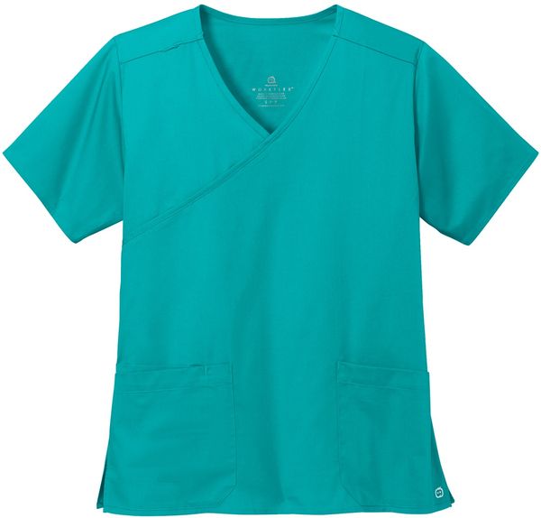 Am image of a Custom WonderWink Womens WorkFlex Mock Wrap Top in Teal Blue!