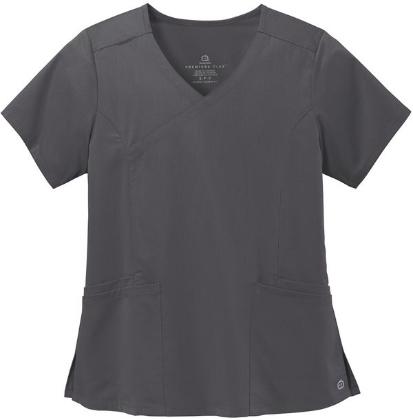 Am image of a Custom WonderWink Womens Premiere Flex Mock Wrap Top in Pewter!