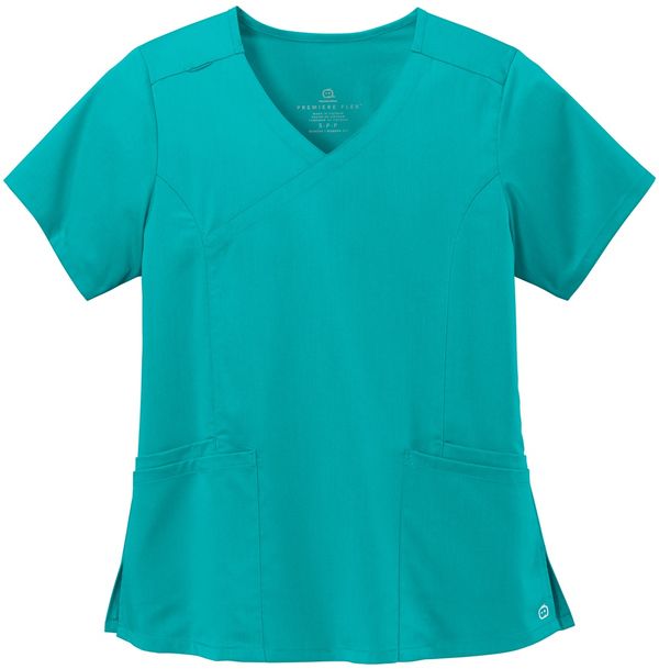 Am image of a Custom WonderWink Womens Premiere Flex Mock Wrap Top in Teal Blue!