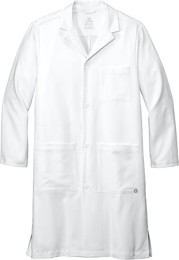 Am image of a Custom WonderWink Mens Long Lab Coat in White!