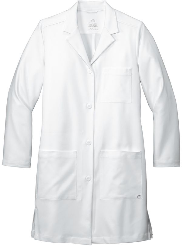 Am image of a Custom WonderWink Womens Long Lab Coat in White!