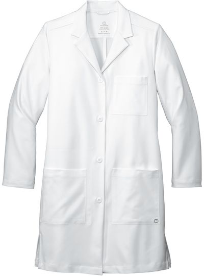 Am image of a Custom WonderWink Womens Long Lab Coat in White!