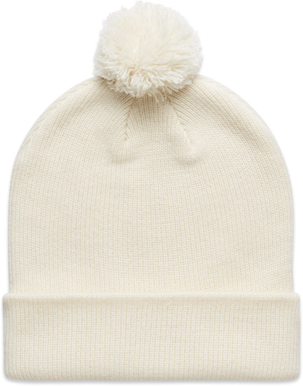 Am image of a Custom AS Colour Pom Pom Beanie in Ecru!