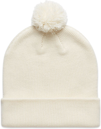 Am image of a Custom AS Colour Pom Pom Beanie in Ecru!
