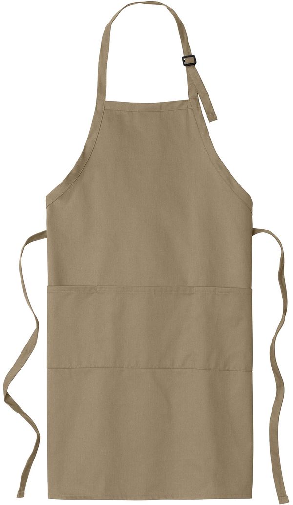 Am image of a Custom Port Authority Easy Care Extra Long Bib Apron with Stain Release in Khaki!
