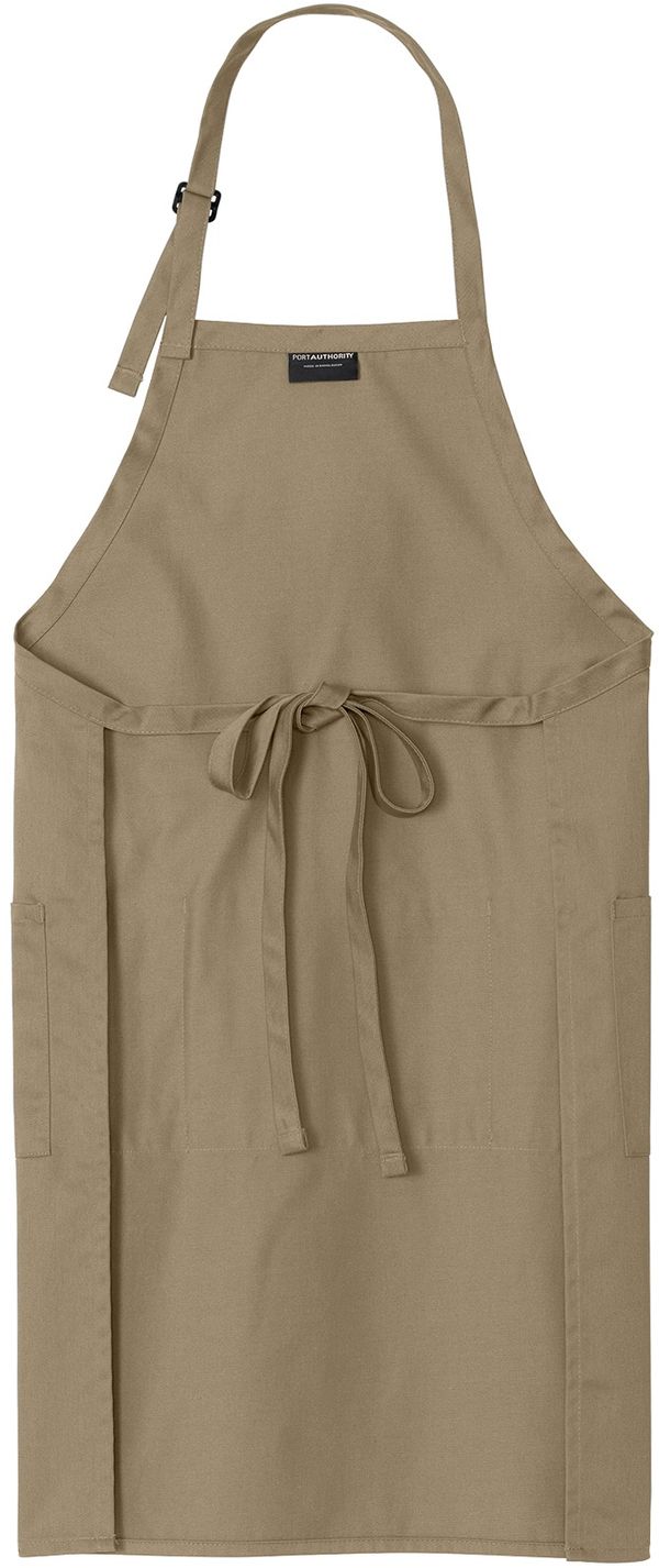 Am image of a Custom Port Authority Easy Care Extra Long Bib Apron with Stain Release in Khaki!