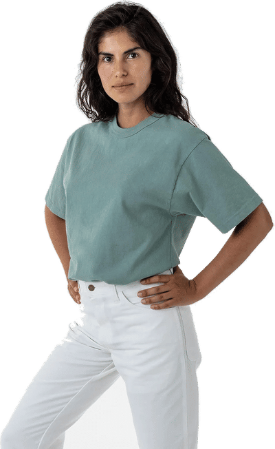 Am image of a Custom LA Apparel Heavy Jersey Tee With Binding in Atlantic Green!