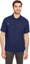 Am image of a Custom Under Armour Men's Motivate Coach Woven Shirt in Midnight Navy!