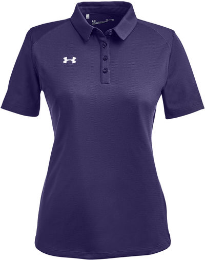 Am image of a Custom Under Armour Ladies Tech Polo in Purple/ White!