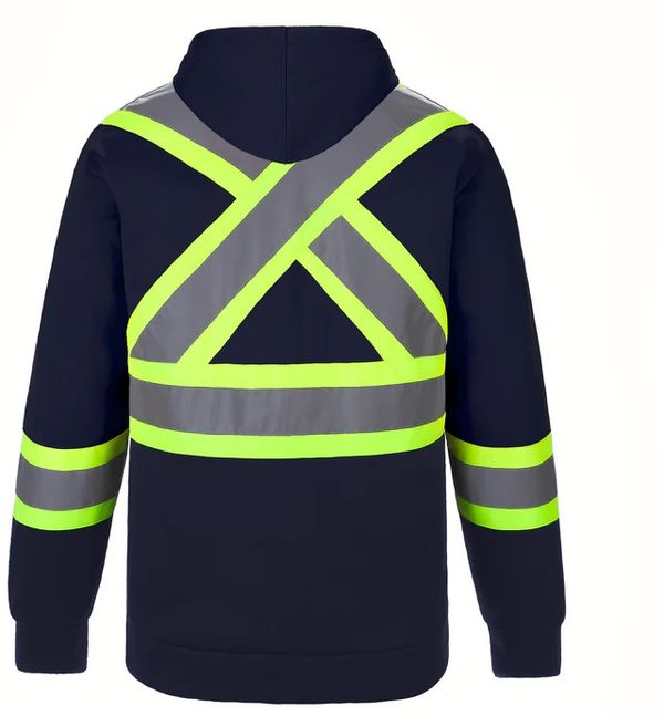 Am image of a Custom CX2 Long Haul Hi Vis Polyester Pullover Hoodie in Navy!