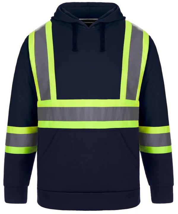 Am image of a Custom CX2 Long Haul Hi Vis Polyester Pullover Hoodie in Navy!