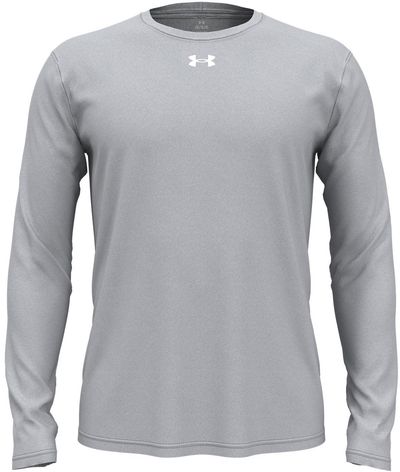 Am image of a Custom Under Armour Men's Team Tech Long Sleeve T Shirt in Mod Grey Light Heather/white!