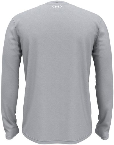 Am image of a Custom Under Armour Men's Team Tech Long Sleeve T Shirt in Mod Grey Light Heather/white!