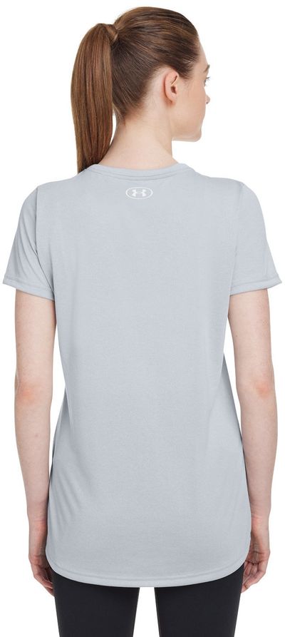 Am image of a Custom Under Armour Ladies' Team Tech T Shirt in Mod Grey Light Heather/ White!