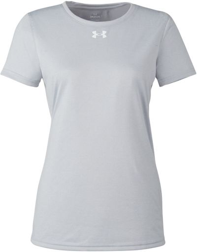 Am image of a Custom Under Armour Ladies' Team Tech T Shirt in Mod Grey Light Heather/ White!