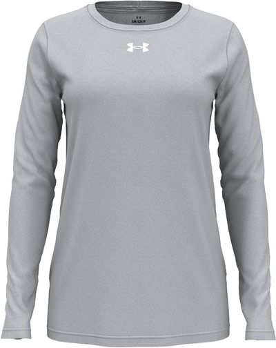 Am image of a Custom Under Armour Ladies' Team Tech Long Sleeve T Shirt in Mod Grey Light Heather/white!