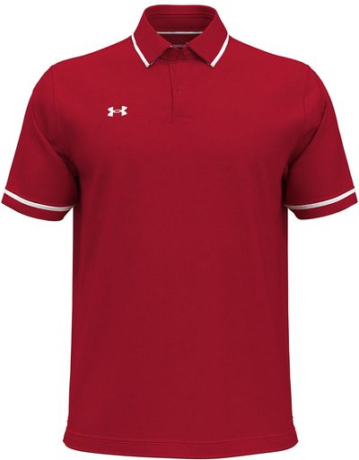 Am image of a Custom Under Armour Men's Tipped Teams Performance Polo in RED/ WHITE!